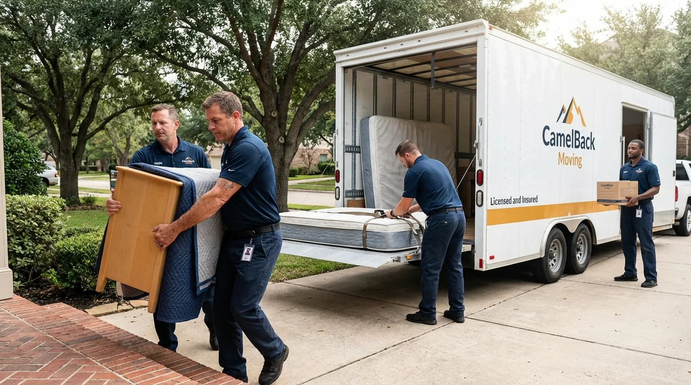 Crew loading residential truck for cross-state move from Seal Beach, CA