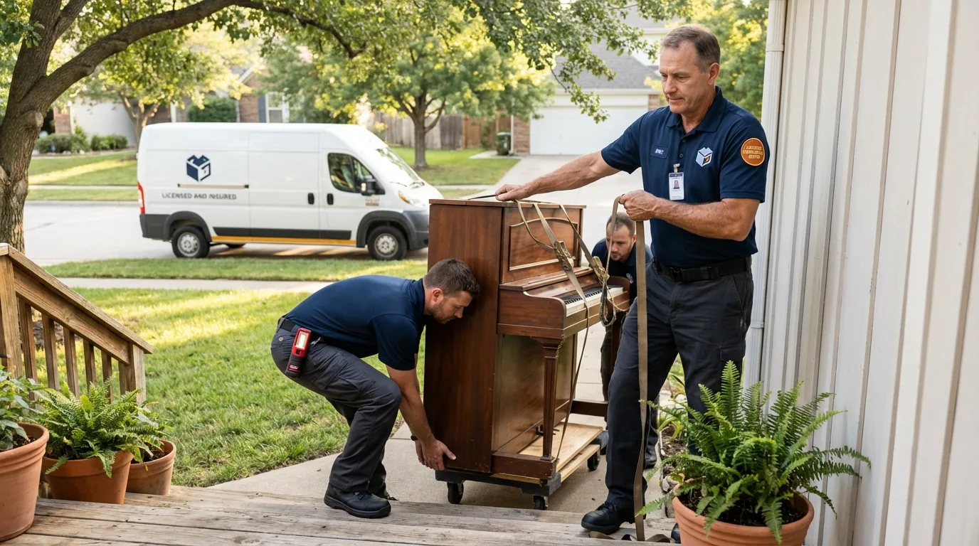 Licensed piano movers securing grand piano in Seal Beach, CA
