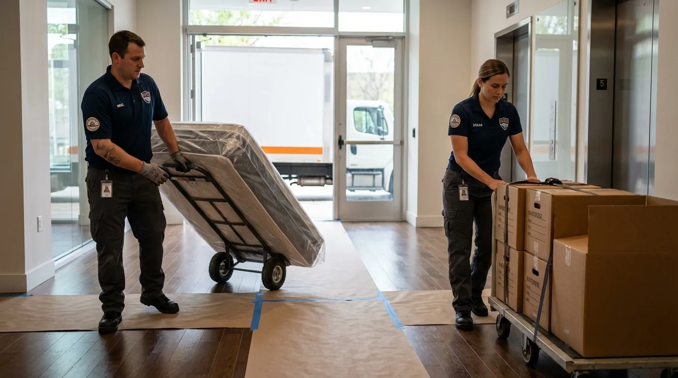 Professional apartment movers loading elevator in Seal Beach, CA