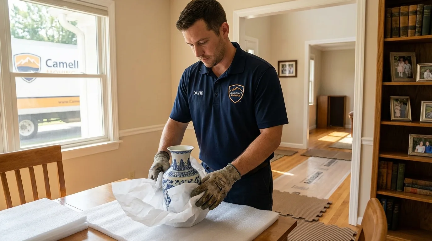 Professional crew carefully wrapping antique vase for senior downsizing move in Seal Beach, CA